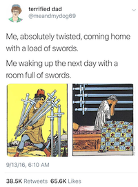 me, absolutely twisted, coming home with a load of swords